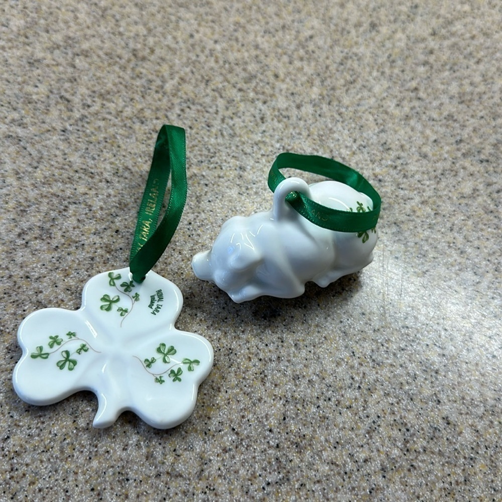 Royal Tara shamrock ornaments made in Ireland clover and pig bone china